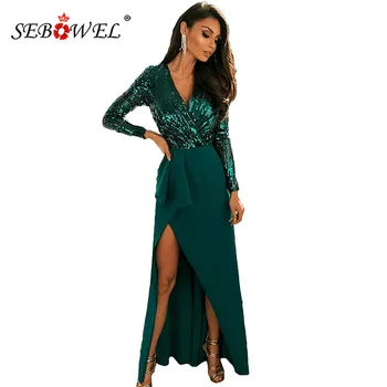 

SEBOWEL Elegant Woman Long Sleeve Wrap Sequin Bodice Maxi Party Ruffle Dresses Lady Female High Waist V Neck Glitter Split Dress