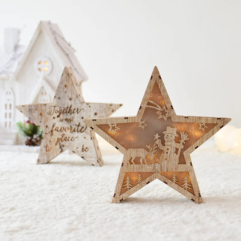 

Wooden Hollow Star Shape Christmas Luminous Five Pointed Light Box Desktop Ornament Lamp Nordic Wind
