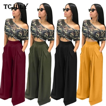 

TCJULY New Design Pleated Wide Leg Pants With Pockets Elastic High Waist Loose Casual Office Trousers For Women Solid Long Pants
