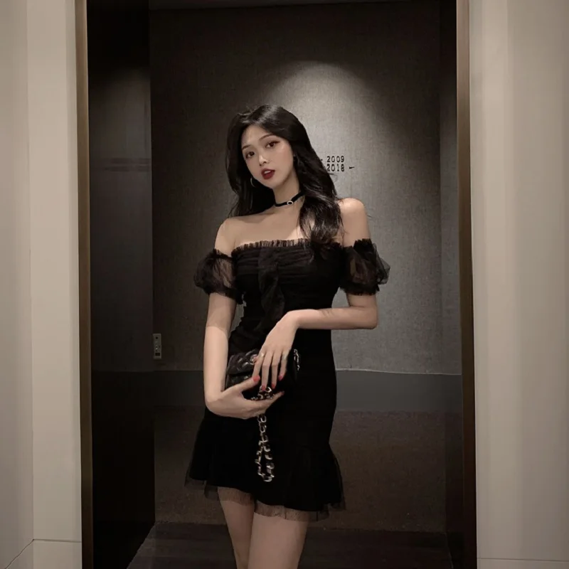 Ins Harajuku Slash neck mesh female summer new ulzzang fashion retro high waist strapless A-line solid casual female dress