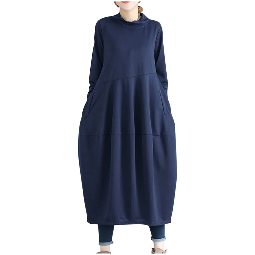 nuevos trajes модное женское длинное платье с длинным рукавом, водолазка, однотонное Плиссированное льняное свободное платье espalda cruzada para mujer