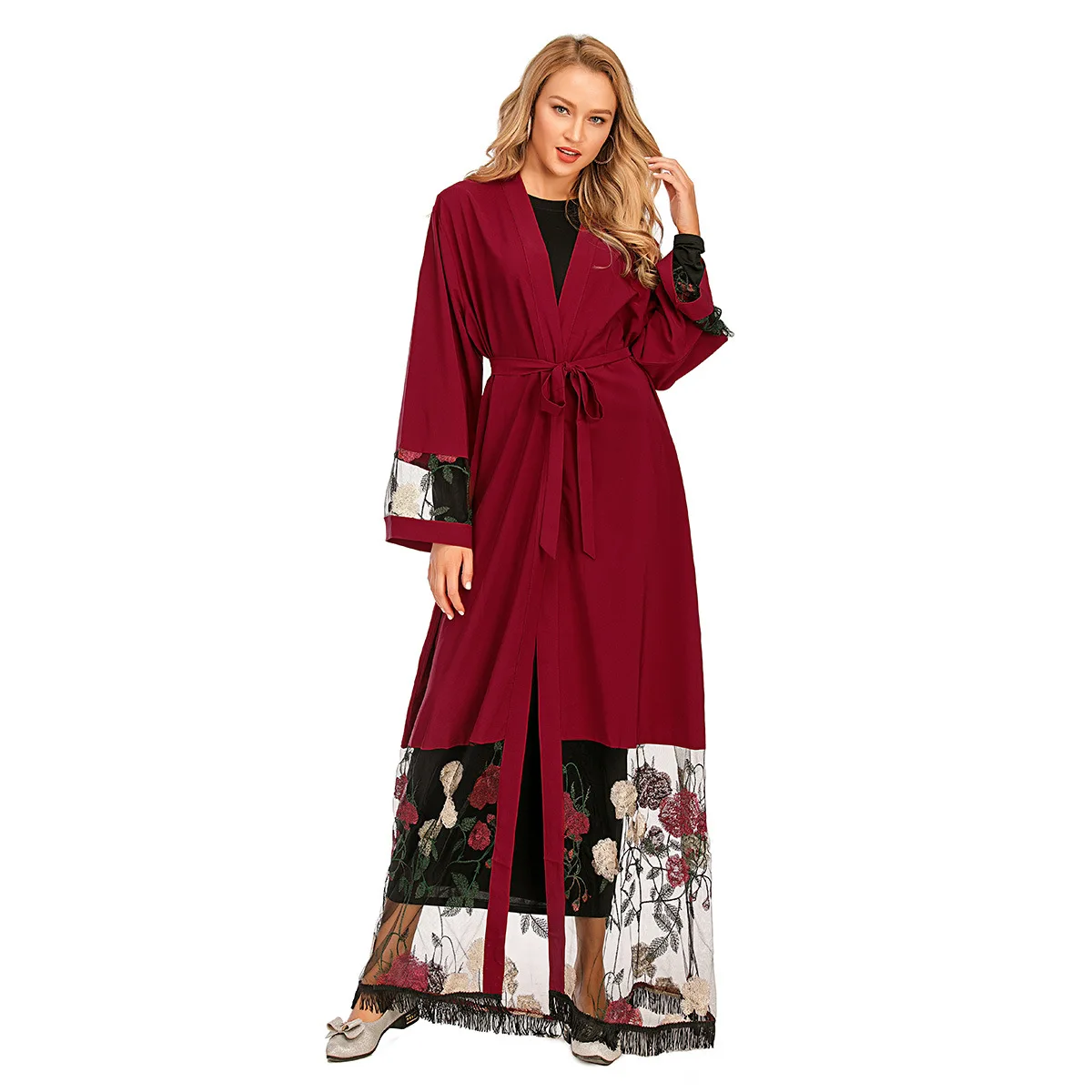 

Mesh Floral Embroidery Patchwork Cardigan Robe Long Sleeve Elegant Kimono Style Turkish Islamic Muslim Dresses for Women T1817