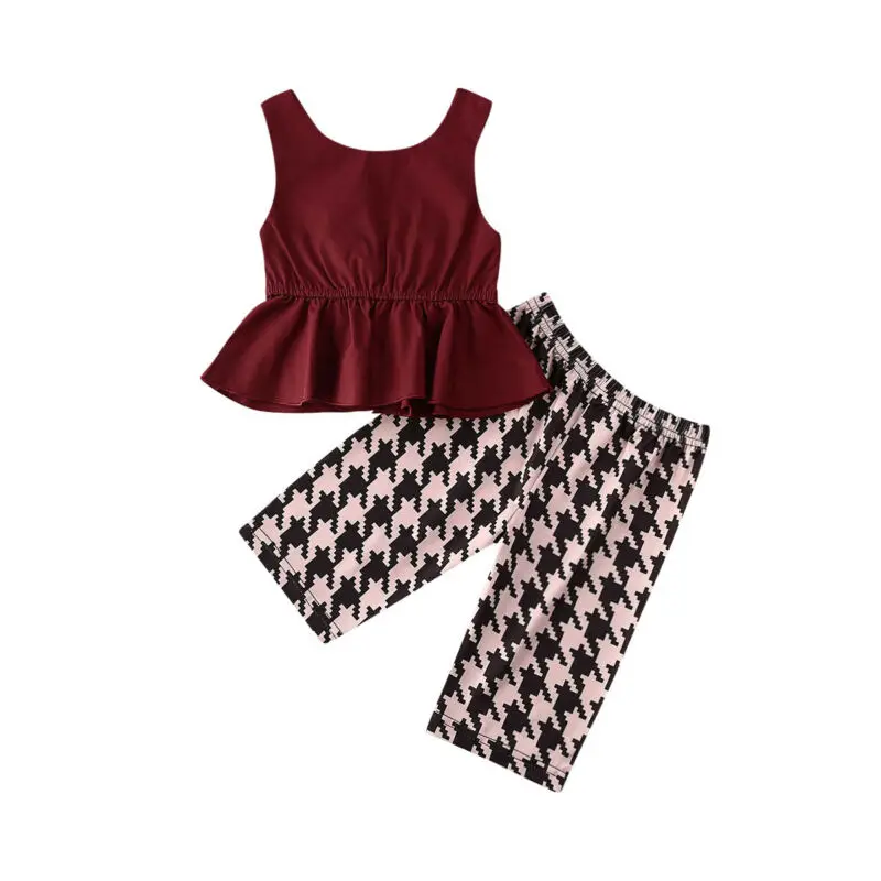 

New Summer Baby Girls Clothes Sets Bowknot Sleeveless Ruffles Red Vest+Plaid Pants Outfits Set