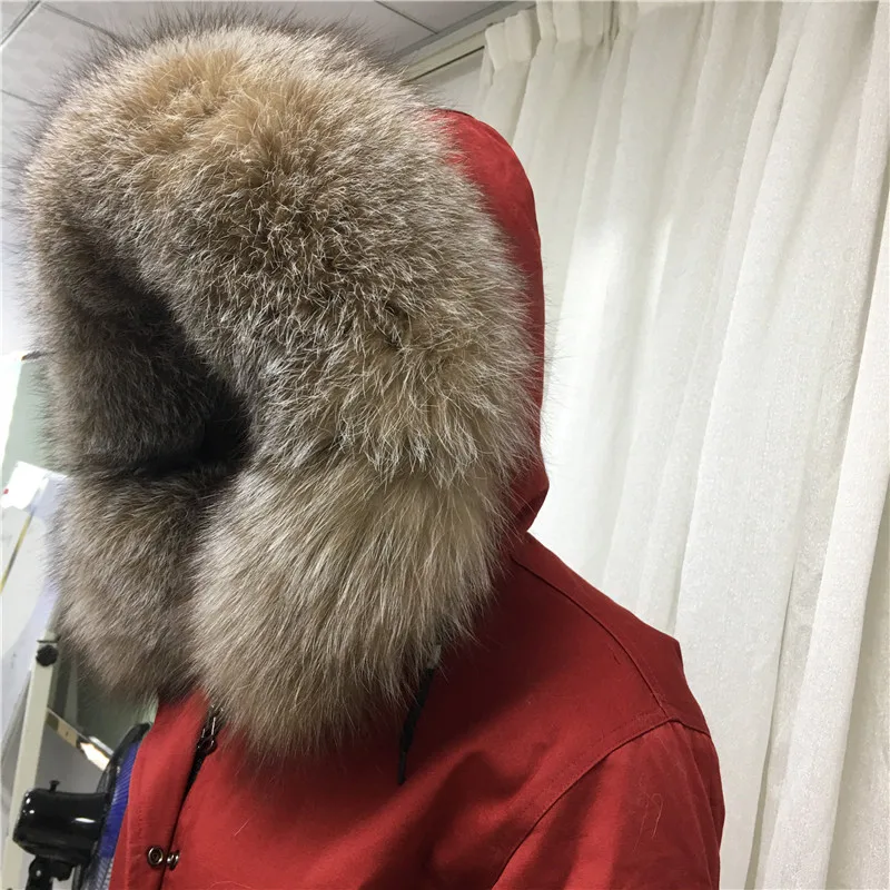 Тартан лисий мех Женская Натуральная кожа красное пальто с капюшоном зимняя теплая куртка