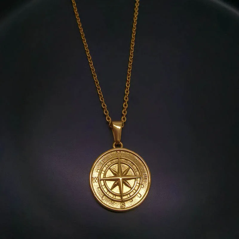 Hiphop Rock Women Men Gold Compass Pendant Necklace Vintage Stainless