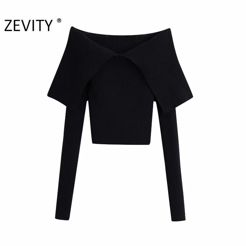 Zevity New Women Sexy Slash Neck Solid Color Slim Knitting Sweater Femme Chic Basic Long Sleeve Casual Pullovers Brand Tops S477