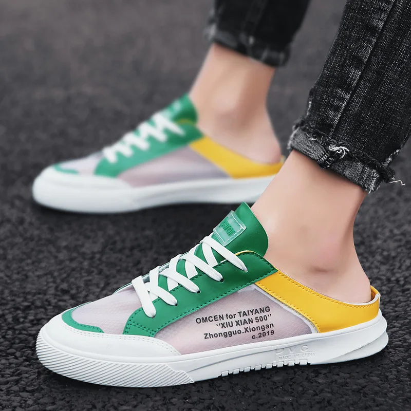 

Mesh 2020 Men Sandals Autumn Half Slippers Men Shoes Mule Shoes Leather Beach Sandals Causal Lazy Slip-On Men Slides Size 39-44