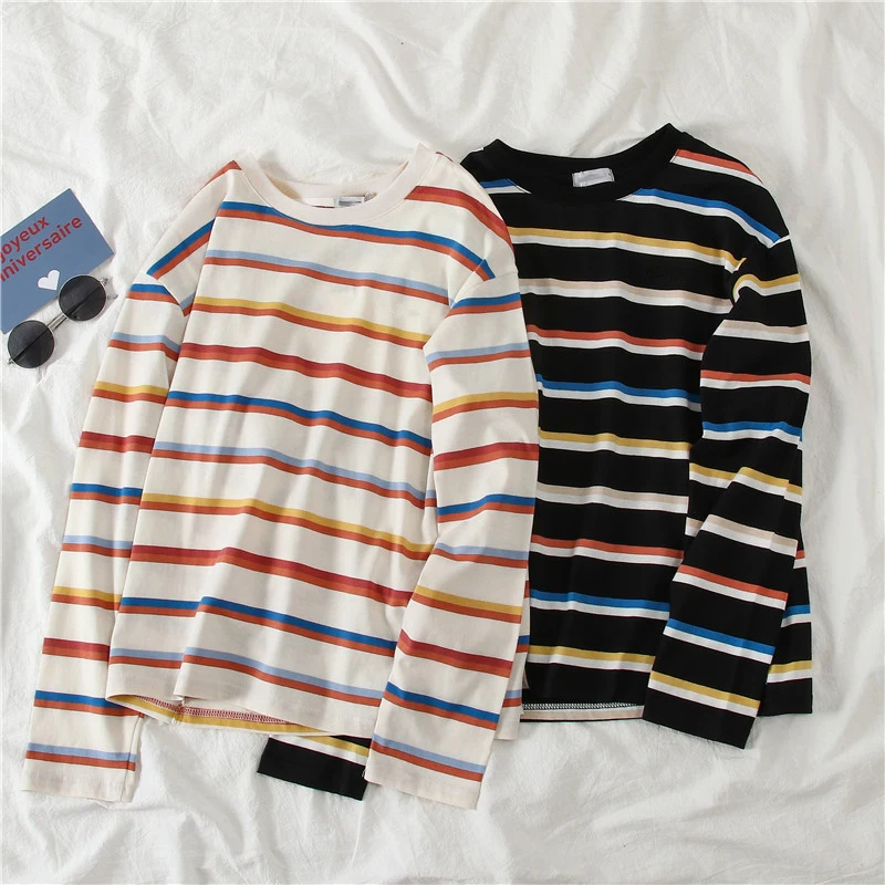 

Stripe Women T Shirts Harajuku Woman Tops Long Sleeved Female T-shirt Casual Tops O-neck Women Tope Tees Tshirt Lady's Clothes