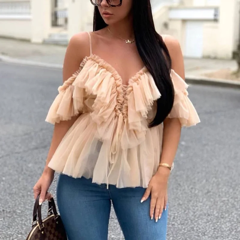 

2019 Sexy Summer Spaghetti Strap V Neck Blouses Women Lace Up Front Ruffles Off Shoulder Shirt Tops