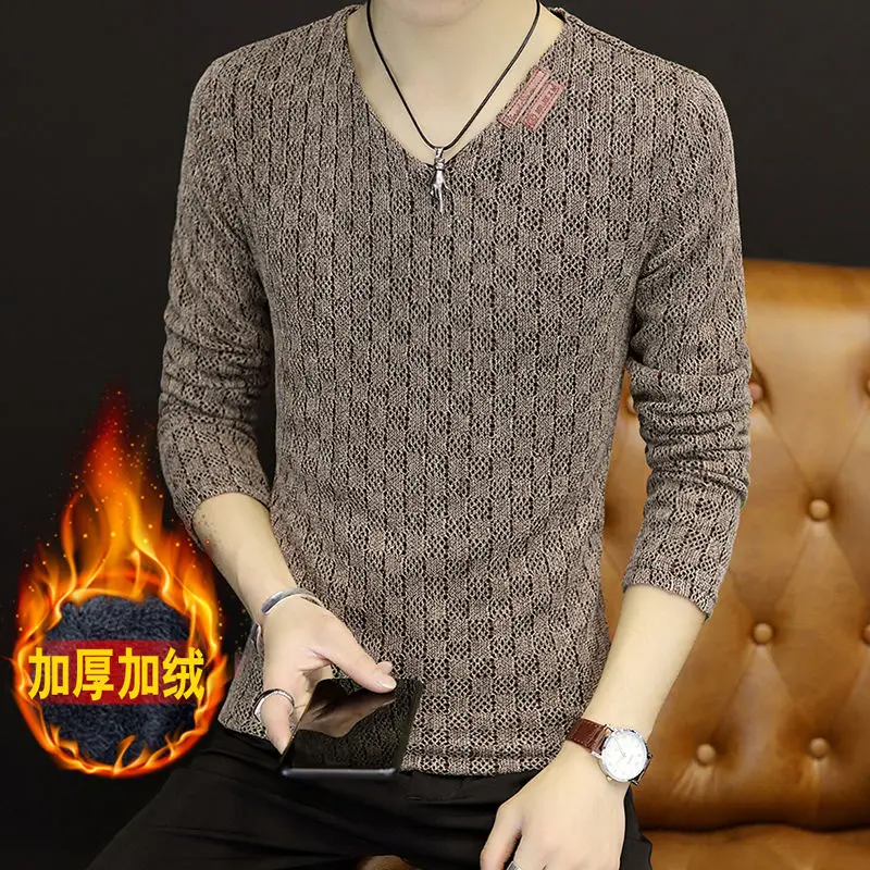 

New autumn and winter Plush long sleeve t-shirt men's V-neck men's business large casual bottoming shirt