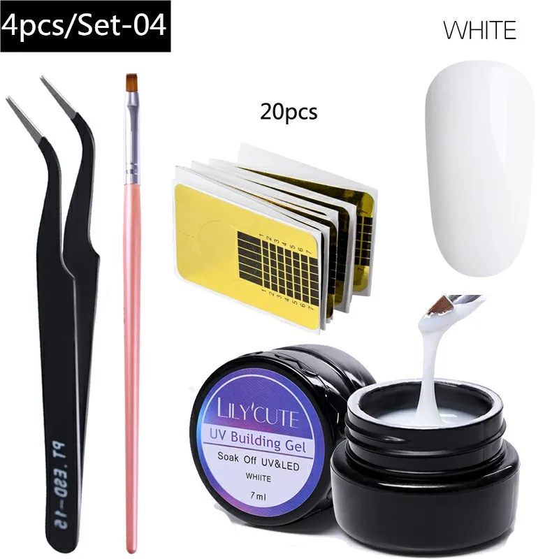 4Pcs -LC0 4 LILYCUTE 20ml Poly Extension Gel Kit Quick Building Gel White Clear LED Acrylic Builder Nail Tips Nail Art Gel Brush Tool Set - Цвет: 4Pcs -LC0 4