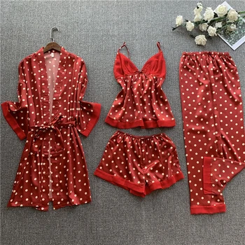 

JULY'S SONG 4 PCS Polka Dot Women Pajamas Set Spring Summer Ladies Faux Silk Satin Sleepwear Nightgown 2020 Female Pyjamas