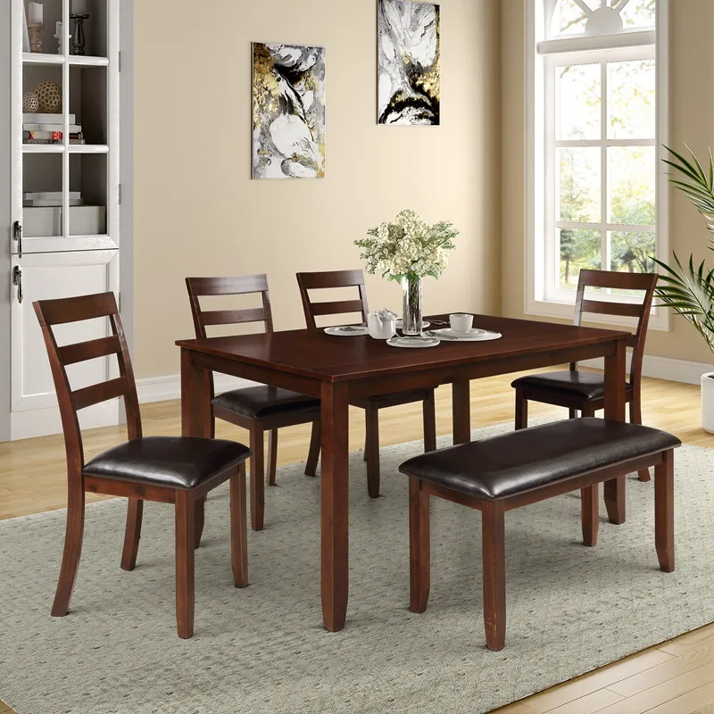 6Pcs Dining Set with 4 Ladder Chairs and Bench Kitchen Furniture