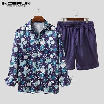 

INCERUN Men Hawaiian Sets Cozy Print Long Sleeve Lapel Shirt Solid Shorts Streetwear Fashion Loose Casual Men Suit 2 Pieces 2020
