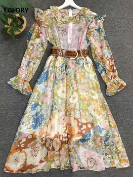 

High Quality Skirt Suits 2020 Summer Style Women Elegant Floral Print Ruffle Long Sleeve Tops+Mid-Calf Length Skirt Set 2pc