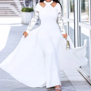 

Lace Long Sleeve White Rompers Womens Jumpsuit Elegance Swallowtail Sexy Halter Bodycon Wide Leg Female Long Jumpsuits Party
