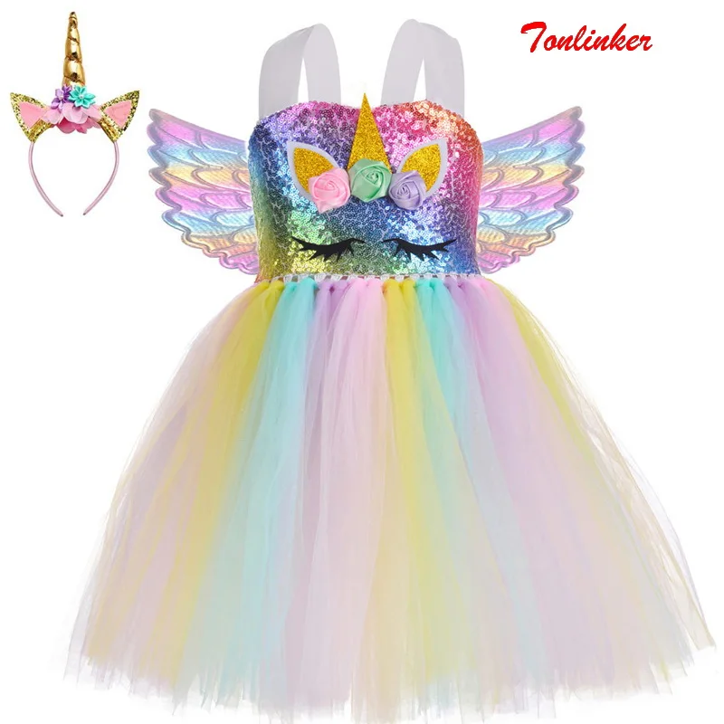 

2021 New Halloween Unicorn Costume For Girls Rainbow Sequins Tutu Dress With Headband Wings Kids Party Princess Dresses