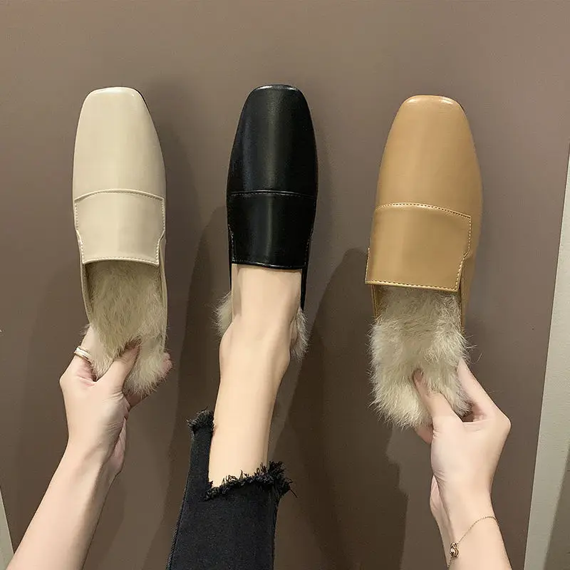 

Женские тапочки; Новинка; Шлёпанцы на плоской подошве в стиле ретро с кроличьим мехом