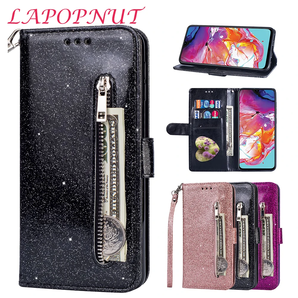 

LAPOPNUT for Samsung Galaxy J4 Plus A70 A5 2017 A6 A7 A50 A20 A3 J5 J6 2018 M10 Zipper Wallet PU Leather Glitter Flip Case Cover