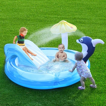 

YXTC penguin inflatable Water Slide swimming pool Duty Outdoor Kids Adventure Park Pool with Built in Sprinkler Wave and Slide