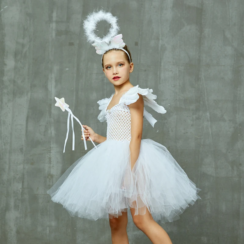 Girls White Heavenly Angel Tutu Dress with Halo & Sequin Angel Wings Back Children Halloween Fancy Dress Up Christmas Costume (14)