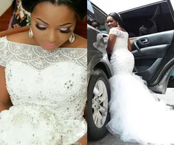 African Plus Size Mermaid Wedding Dresses Bridal Gowns Beading Pearls Tiered Short Sleeves Long Sweep Train Vestidos De Novia