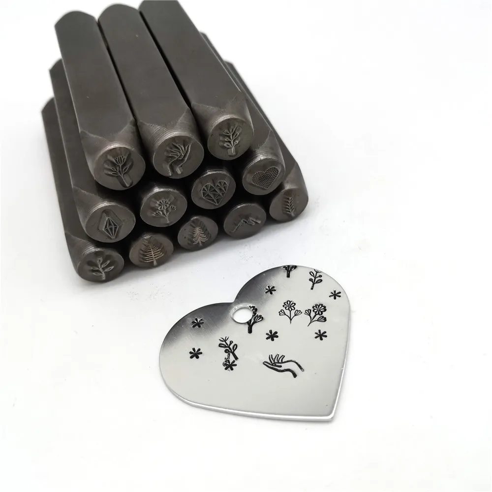 6mm Metal Stamping Kit 12pcs Jewelry Stamps Brands Logo 12pcs/set Steel Punching Silver Stamping Heart Plant Pattern Custom number letter stamp set alphabet number stamp set carving printing tools metal stamping marker