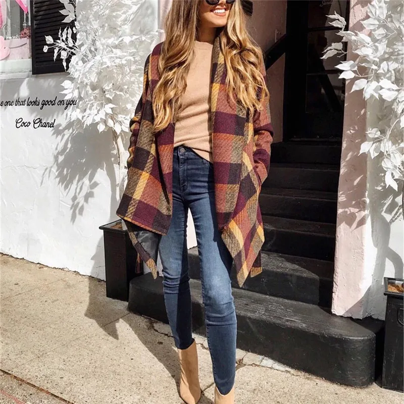 Winter Lapel Neck Womens Coats Fashion Cardigan Wool Coats with Sashes Casual Ladies Plaid Printed Outerwear