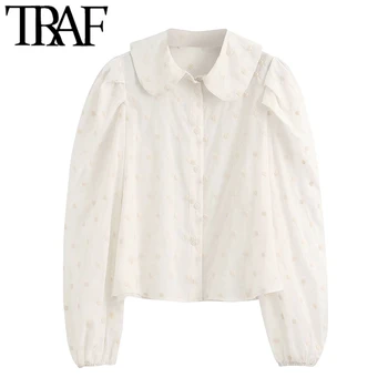 

TRAF Women Sweet Fashion Embroidered Polka Dot Blouses Vintage Peter Pan Collar Long Sleeves Female Shirts Chic Tops
