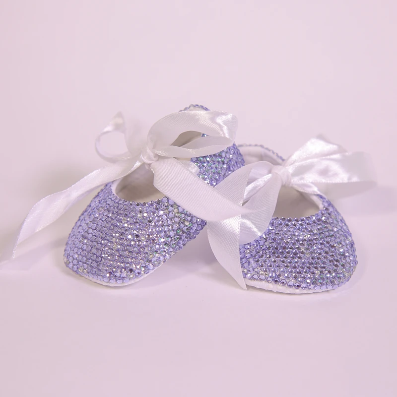 New Idea Purple Sparkle Bling Rhinestone with White Ribbon Bow Christening Handmade Custom Infant Princess Baby Girls Foot Wear |