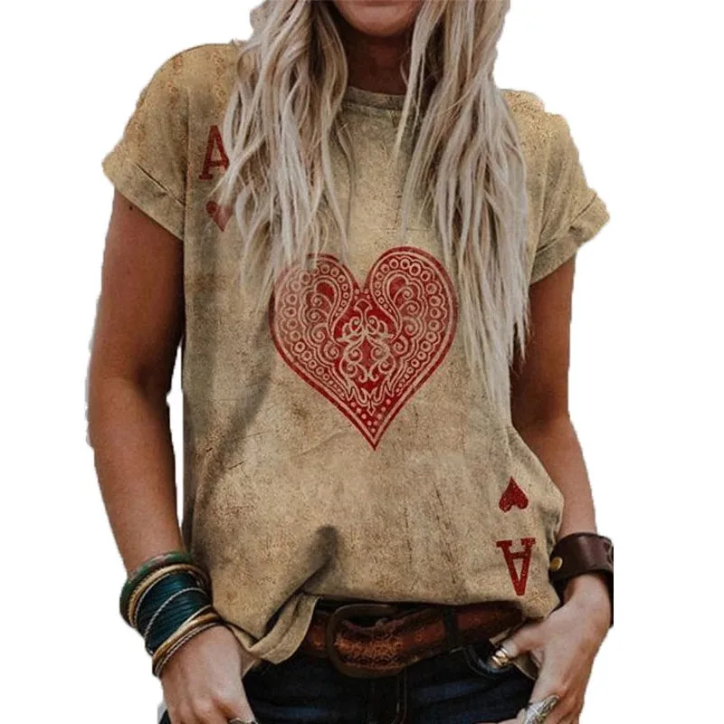 Camisetas informales de verano para mujer, camisetas de manga corta con estampado Floral de cuello redondo, Camiseta con estampado de corazón a la moda