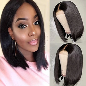 

13x4 Blunt Cut Bob Wig Short Lace Front Human Hair Wigs Brazilian Straight Cheap Bob Wigs No-Remy Natural Color For Black Women