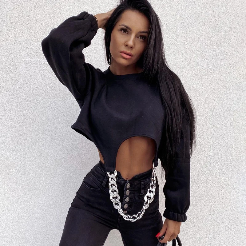 

Women Casual Hollow Out Fleece Chain Crop Top Winter 2020 Solid Cropped Pullover Female Plus Size Long Sleeve Sweatshirts
