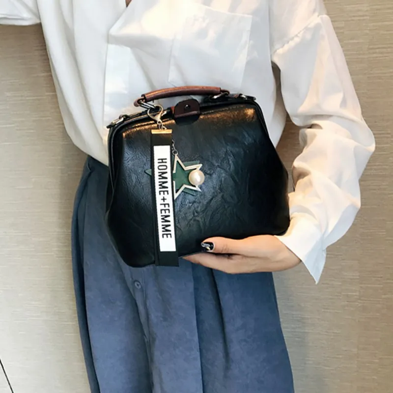 

Retro Black Small Square Tote Women Bags Pure Color Clutch Messenger Bag Ladies Luxury Matte Leather Shoulder Bag with Ornaments