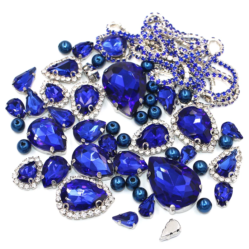 

New Arrival Drop Shape Royal Blue Mix Size Glass Crystal Stones Pearl Beads Cup Chain Rim Rhinestones For Clothing/Wedding Dress