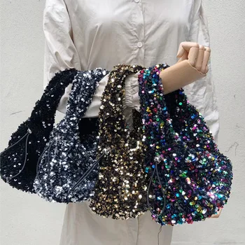 

2020 Fashion Dumpling Bag High Quality Sequins & Oxford Fabric Women Handbags Luxury Brand Designer Women Bucket Bag Cloud Shape