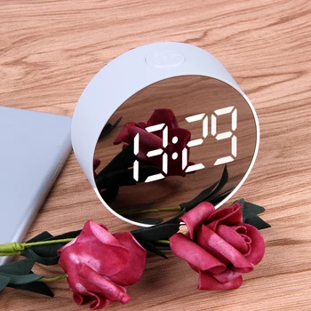 

2019 Round Led Mirror Alarm Clock Digital Table Clock Night Light Snooze With Temperature Electronic Despertador Home Decor