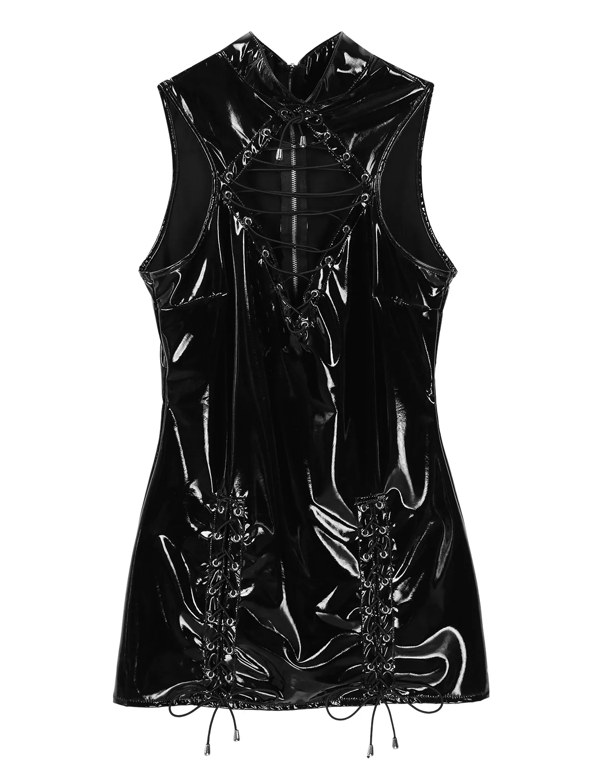 Frente de Couro Rendas até Latex Vestido para Festa Oco para Fora Womens Senhoras Moda Wetlook Patente Bodycon Mini Cocktail Noite Clubwear 8 patente oco para fora rendas até bodycon