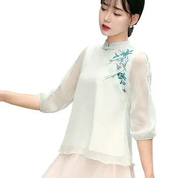 

2020 Spring Summer New Fashion Vintage Frog Chiffon Blouse Women Mesh Shirt Chinese Style Clothing Cheongsam Top Qipao Shirt