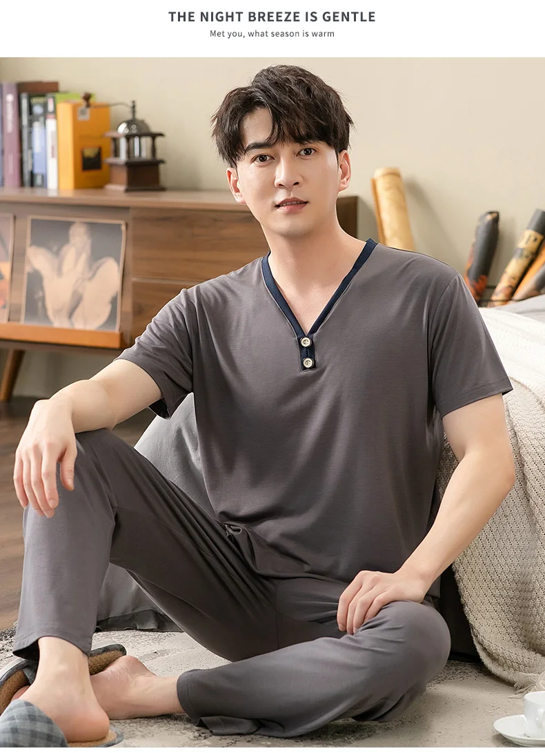 Men's Modal Cotton Pajamas Set Summer Short-Sleeve Tops + Long Pants Nightwear Home Wear Suits Simple Fashion Sleepwear for Men best silk pajamas