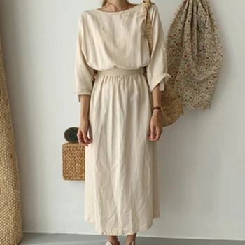 

Summer Plain Long Dress Women 2020 Korean Spring Solid Color A-Line High Waist Midi Dress Preppy Style Vestidos Beige