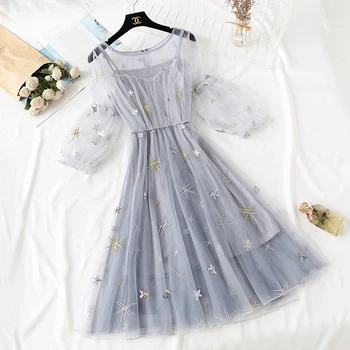 

2019 Summer Sweet Fairy Princess Women Dress Elegant Embroidery O Neck Mesh Lantern Sleeve Vestidos Verano A Line Casual Dress