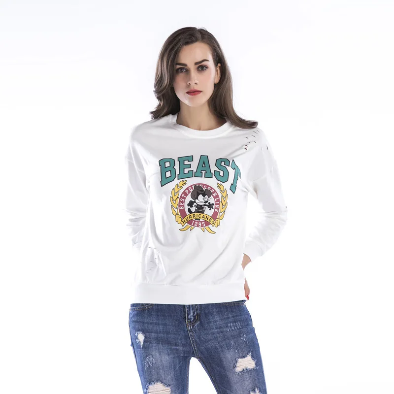 

Small Hole Pattern Letter Print Sweatshirt Women O neck Top Long Sleeve Conventional Style Casual White Hoodies Female Yellow