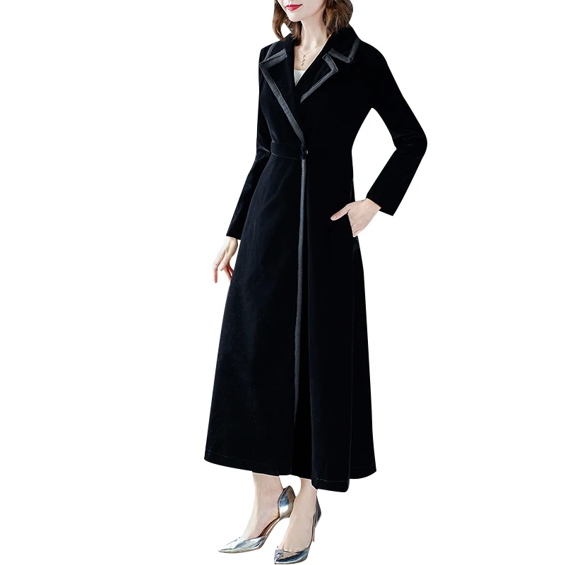 

Fashion Long Trench female 2019 New Women's Temperament Autumn Black Velvet Elegant Long Sleeve Overcoats Coats