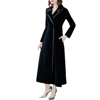 

Fashion Long Trench female New Women's Temperament Autumn Black Velvet Elegant Long Sleeve Overcoats Coats