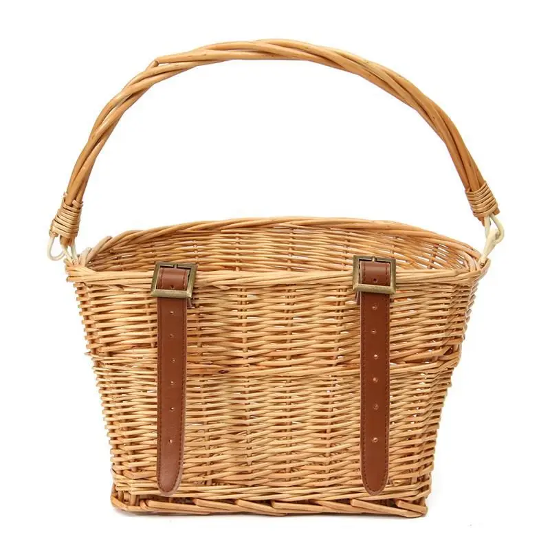 Top ABZB-New Arrival Vintage Wicker Bike Bicycle Front Basket Shopping Box Handlebar Leather Straps High Quality Outdoor Sports Acce 2