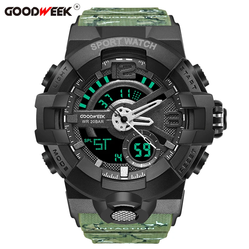 

GOODWEEK Man Sport Watch Waterproof Army Camouflage Shock Resitant Watch Multi-functional Dual Display Watches Relogio Masculino