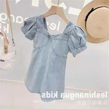 

Baby Girls Puff Sleeve Denim Jeans Dress Cotton Summer Children Pleated Ruched Vestidos Korean Toddler Streetwear 3 to 8 yrs