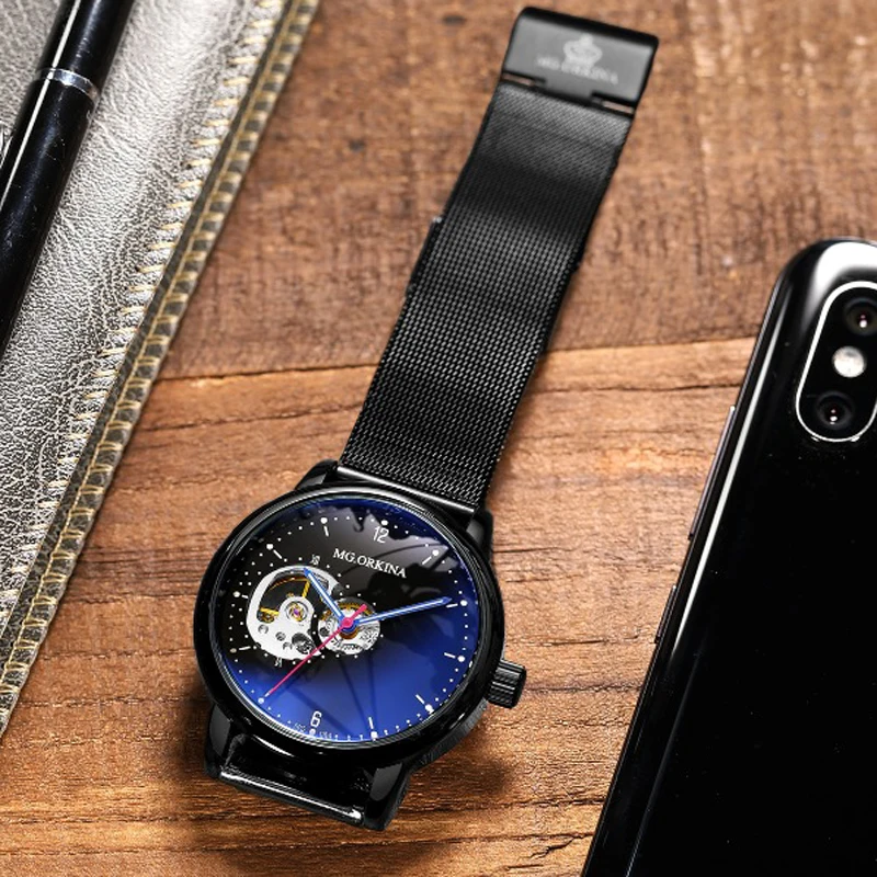 ORKINA Luxury Brand Watches Men Automatic Self-Wind Black Stainless Steel Band Skeleton Mechanical Wristwatches Relojes Hombre