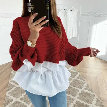 

zebery Women Spring Autumn Casual Blouse Bat Wing Long Sleeve Patchwork Pullover Loose Shirts Soft Sweaters